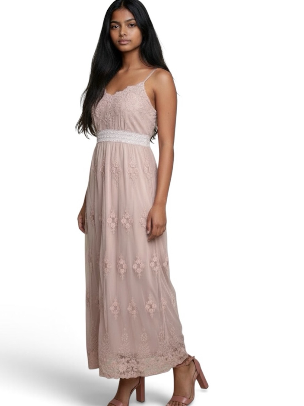 PINKY Boho Lace Maxi Dress Dusty Rose Pink Sheer Overlay Fully Lined Size M